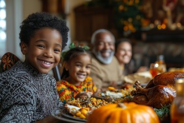 Happy multiracial extended family has fun and laughs while gathering for Thanksgiving in dining room, Generative AI