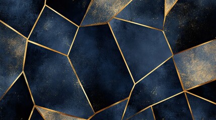 Poster - A luxurious background with gold-trimmed polygon shapes in muted navy and beige tones, set against a deep, elegant backdrop.