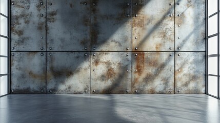 A room with a rusty metal wall and a concrete floor.