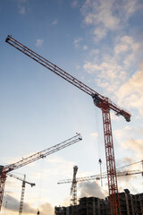 Leinwandbilder - Cranes are actively positioned at a construction site during sunset, highlighting ongoing building projects and urban growth