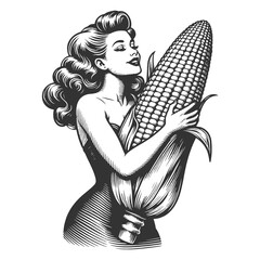 Wall Mural - pin-up girl in a dress playfully hugging a giant ear of corn, humor with vintage art sketch engraving generative ai character raster illustration. Scratch board imitation. Black and white image.