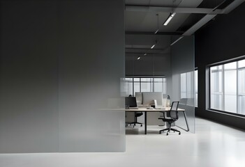 Wall Mural - A modern office space with a desk, chair, and computer monitor visible through a glass partition. The background is blurred, suggesting a minimalist and clean design