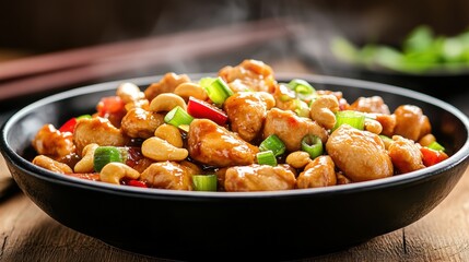 Wall Mural - Delicious Cashew Chicken in Black Bowl with Steam