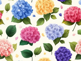 Wall Mural - colorful hydrangeas in a beautiful floral pattern on a light background.