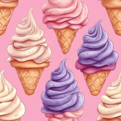 Wall Mural - Colorful ice cream cones with swirls on a pink background.