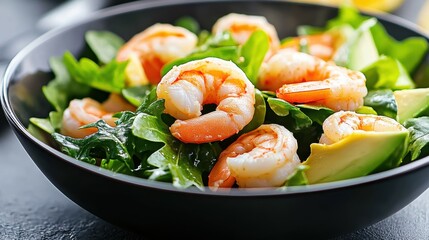 Wall Mural - Fresh Shrimp Salad with Greens and Avocado Slices