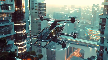 Wall Mural - futuristic city with a flying vehicle in the air. The vehicle is a drone or a personal air vehicle with propellers and a sleek design is modern with tall buildings a futuristic cityscape.