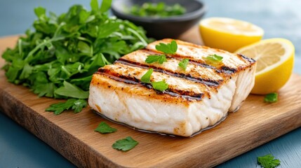 Wall Mural - Grilled Fish Fillet with Fresh Herbs and Lemon Slices