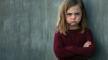 An angry little girl stands with her arms crossed against the background.