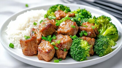 Wall Mural - Delicious beef and broccoli with rice platter