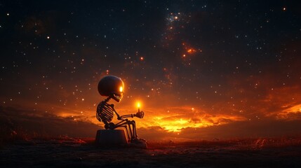 Skeleton Holding Candle Under Starry Sky