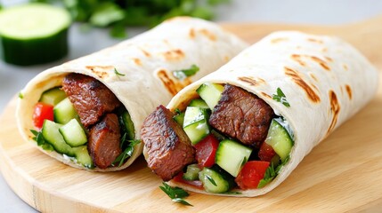 Wall Mural - Delicious Beef Wrap with Fresh Vegetables and Sauce