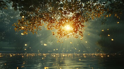 Wall Mural - Golden leaves fall from a tree over a still lake as the sun shines through the branches.