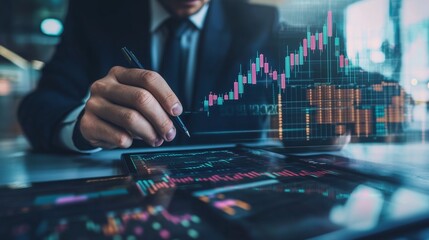 Poster - business professional analyzing financial data on tablet with stock market graphs at modern office
