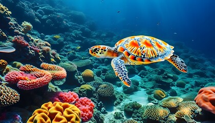 Colorful coral reef habitat with a graceful sea turtle highlighting the beauty of marine life and the importance of ocean conservation