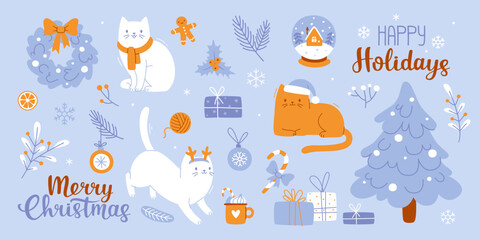 Wall Mural - christmas cozy set with cute cats. vector winter season bundle with adorable kittens. xmas cartoon c