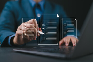Poster - Digital Checklists for efficient business management, Businessman touching marking on checklist guide to paperless assessment and Future Success, Streamlining operations with online surveys.