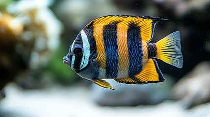 A vibrant yellow, black, and blue striped fish with a white ring around its eye swims through the water.