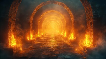 ancient stone archway illuminated by dramatic flame torches mystical atmosphere fantasy setting