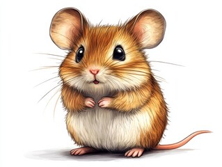 Cute cartoon mouse with fluffy fur, standing on a white isolated background.