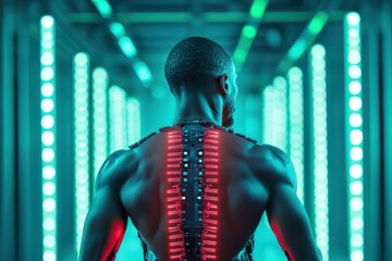 Futuristic male figure with illuminated back in a neon environment, showcasing innovation.