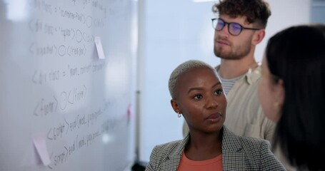 Aufkleber - Business people, coding and communication with whiteboard for planning, problem solving and collaboration. Network or software engineers, team and discussion for algorithm design and development.