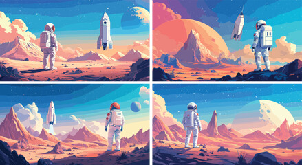 Astronaut alien planet surface spaceship departure cartoon vector concepts. Rocky boulder stone sand red desert, cosmonaut back view space suit character, watching flying shuttle carrier explorer
