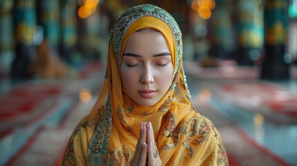 Islamic moslem woman praying with crystal tasbih wearing traditional dress