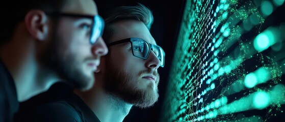 Poster - Two individuals observing a digital display with glowing data patterns.