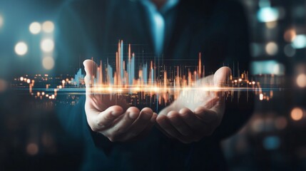 Poster - a business professional visualizes data trends with digital graphs in a modern office setting during