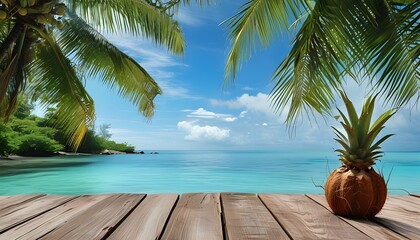 Tropical beach tranquility with coconuts on a wooden deck, embodying relaxation, vacation bliss, and the essence of paradise.