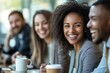 © Lumina Frame - Multi-ethnic business team is having fun while talking on their coffee break in office, Generative AI