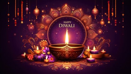 A festive Diwali-themed greeting card with the text 'Happy Diwali' displayed prominently in the centre .