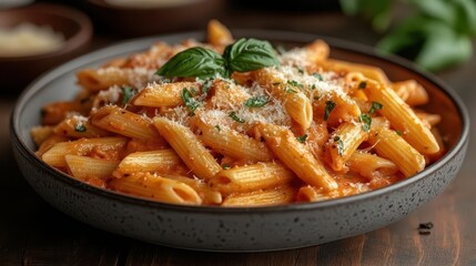 artfully plated penne alla vodka pasta dish with creamy pink sauce garnished with fresh basil and grated parmesan set against a clean white background