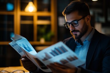 Poster - Business professional analyzing financial reports in a dimly lit office during the evening