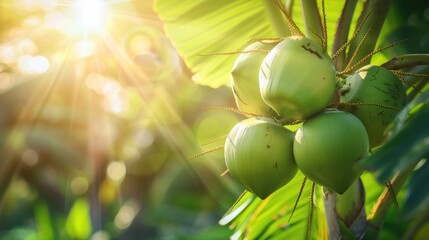 Three green coconuts hanging from a tree