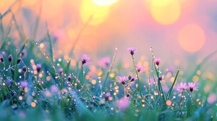 Sticker - Close up of pink wildflowers in a field with dewdrops on grass blades in the sunlight.