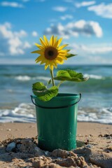 Canvas Print - A vibrant sunflower growing in a green bucket on a sandy beach near the ocean The background features blue skies and gentle waves