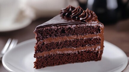 Poster - A close-up shot of a slice of rich chocolate cake with a glossy ganache, showcasing the moist texture and decadent layers, ready to be enjoyed.