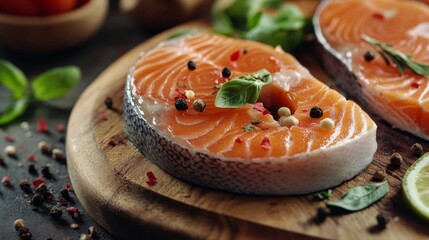 Canvas Print - A close-up shot of raw salmon steaks on a wooden cutting board, surrounded by herbs and spices, emphasizing the freshness and quality of the fish before cooking.