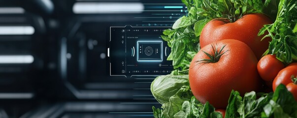 Fresh tomatoes and green lettuce displayed in a futuristic setting, showcasing modern technology and vibrant produce.