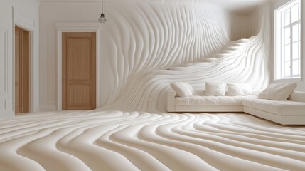 Wall Mural - A room with a couch and stairs in it that is made of waves, AI