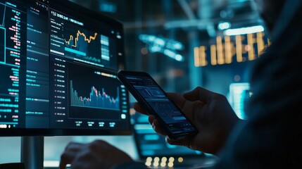 Poster - professional trader analyzing financial data on multiple screens during a market session in a modern