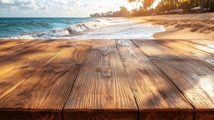 Wall Mural - Wooden Tabletop Overlooking a Serene Beach Scene