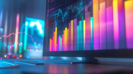 Poster - A colorful 3D bar chart displayed on a computer screen in a modern office, with a business professional analyzing sales performance data.