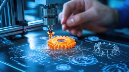 Poster - 3D Printing Process with Orange Gear and Hand