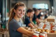 © Lumina Frame - Happy woman packing donated food with group of volunteers at community service center, Generative AI