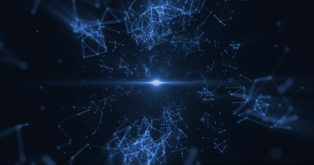blue abstract background with motion plexus of dots and lines, technology with white light that puls