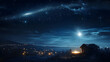 © Daniel - Christmas night. Comet star in night starry sky of Bethlehem. Nativity scene. Jesus Christ birth. The star shines over the manger of Jesus Christ.