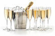 © serperm73 - Ten champagne glasses, ice bucket with champagne bottle isolated on white.